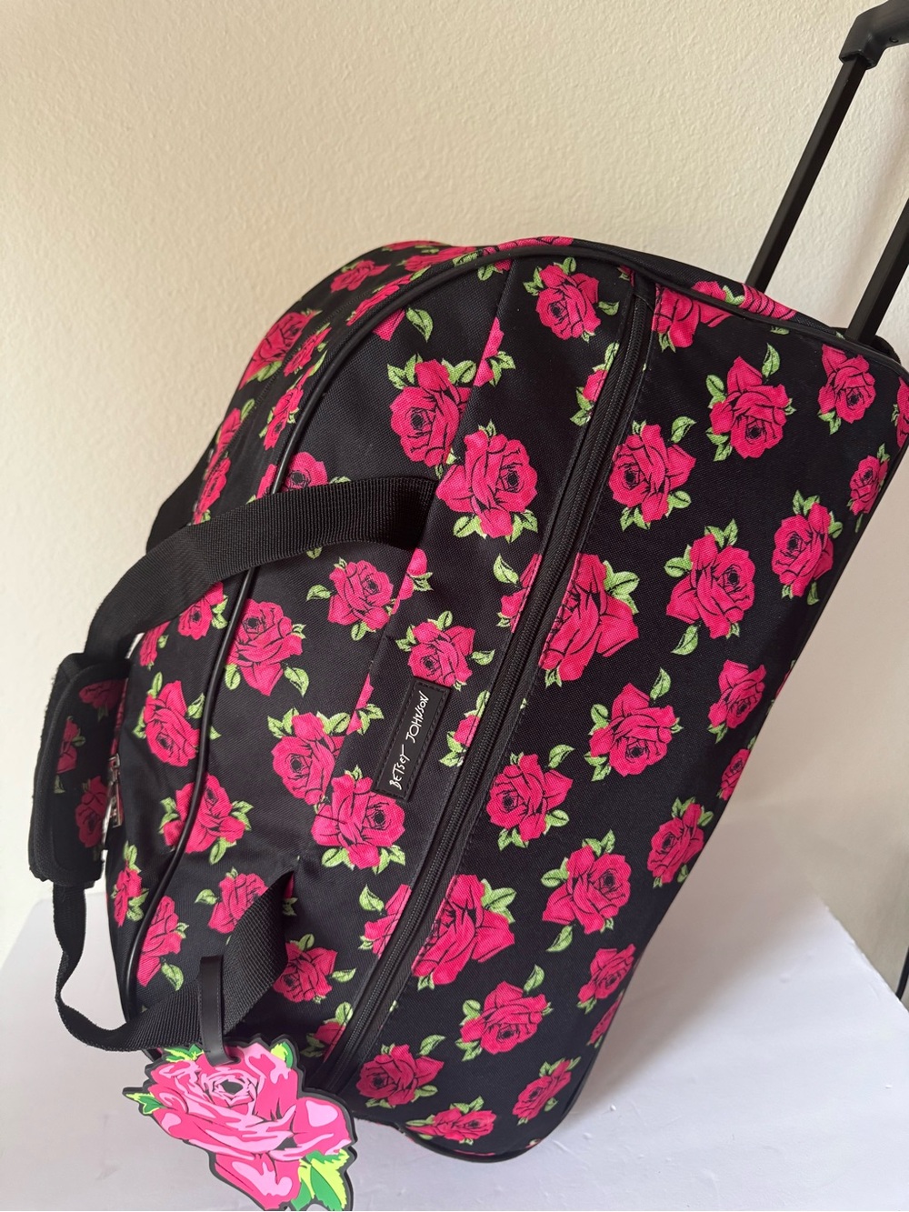 Betsey Johnson Black Canvas Rolling Duffel Bag with Hot Pink Rose Print - Picture 3 of 3